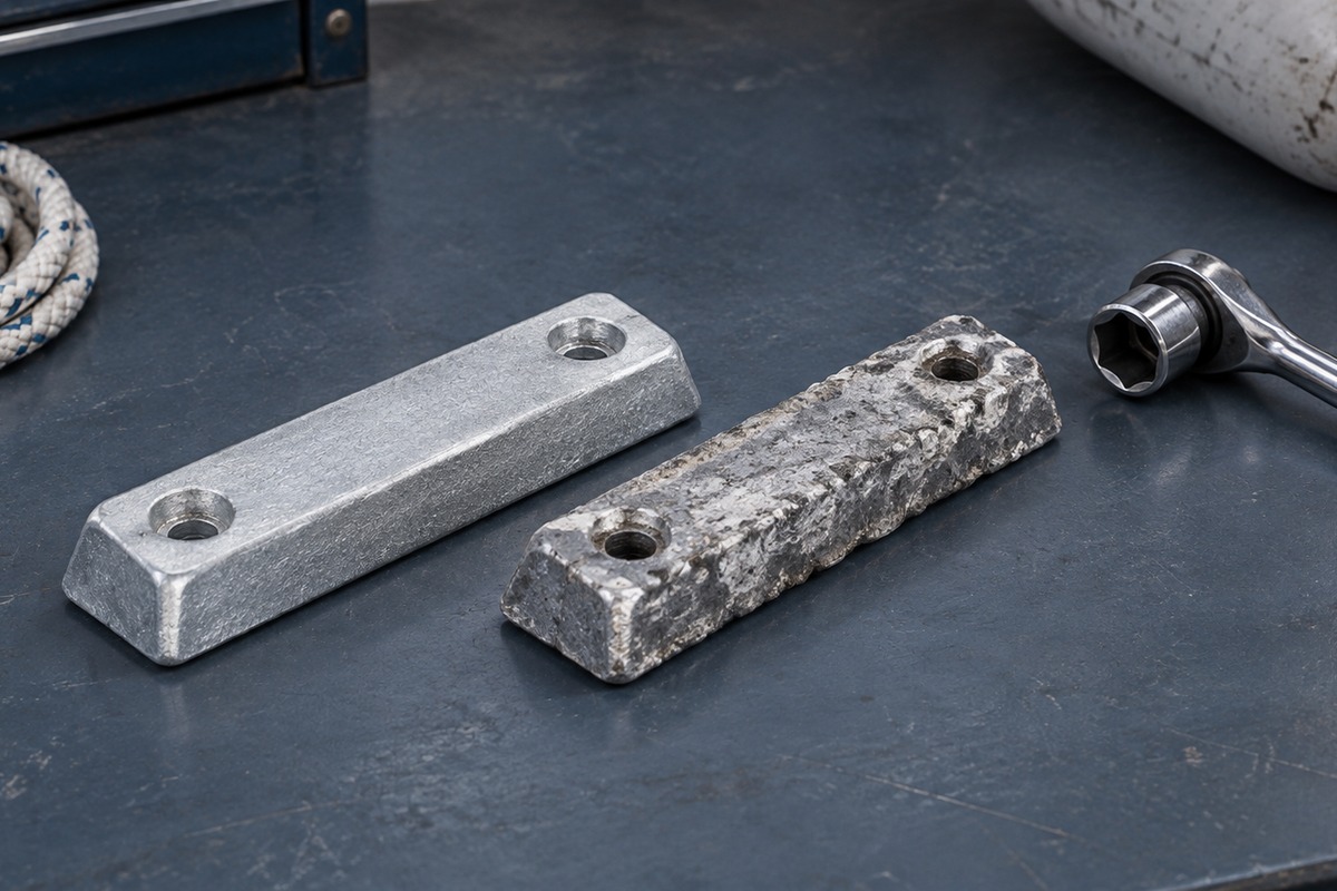 A new aluminum anode beside a pitted, heavily corroded used anode on a steel workbench, with a socket wrench and coiled line nearby.