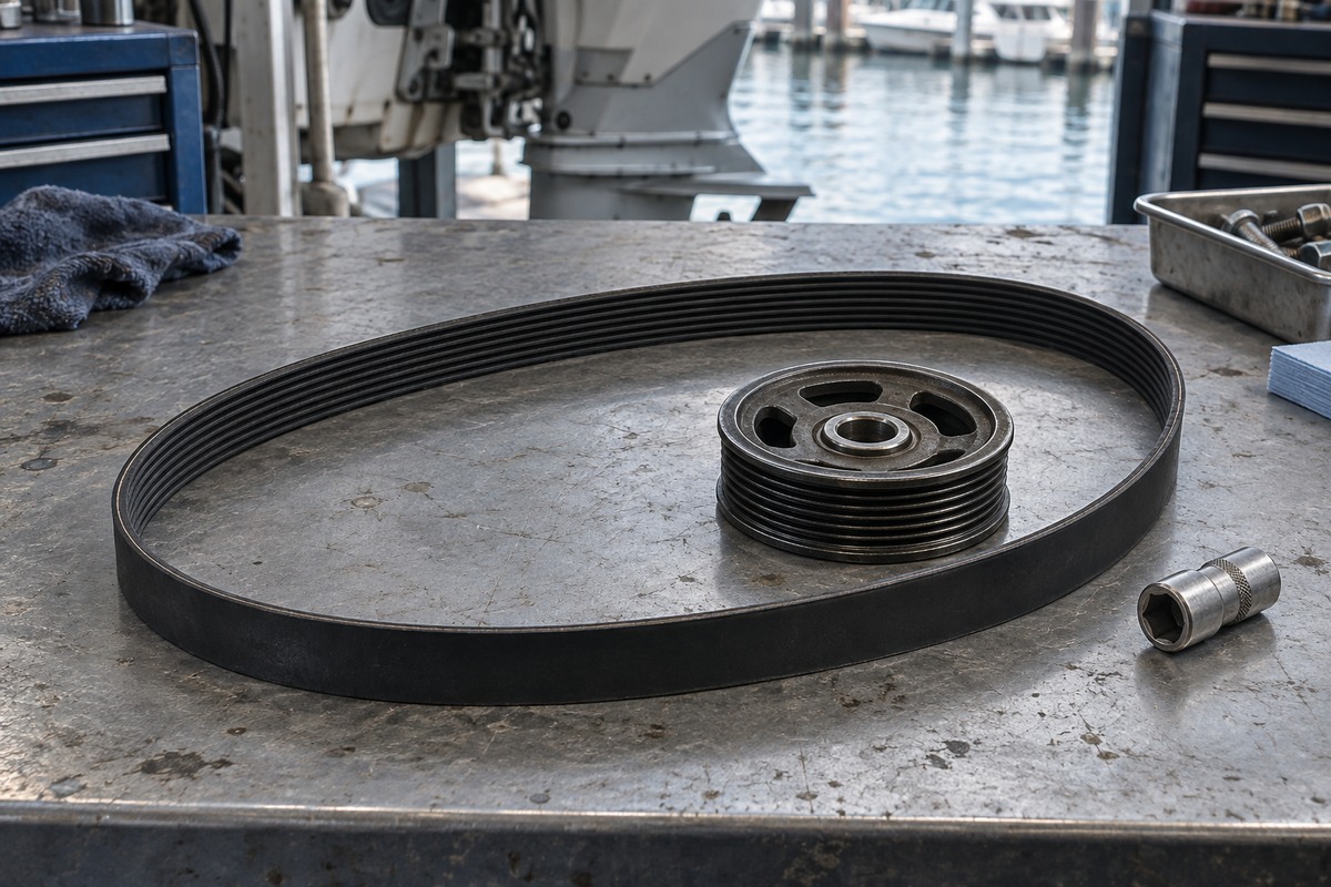 Ribbed serpentine drive belt and a grooved pulley on a steel workbench, with a socket nearby and an outboard engine in the background.