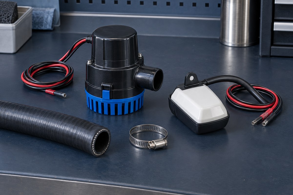 Black bilge pump with a blue strainer base, a white float switch, red and black wiring, a length of discharge hose, and a hose clamp on a workbench.