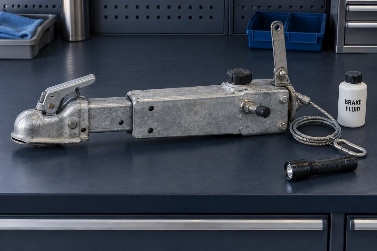 Galvanized hydraulic surge-brake actuator with its coupler, master-cylinder cap, and breakaway cable on a workbench beside a bottle of brake fluid and a flashlight.