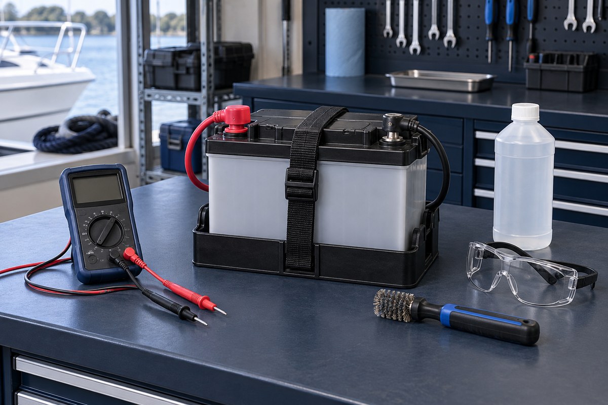 Marine battery strapped into a black battery box on a workbench with a digital multimeter, terminal brush, safety glasses, and a bottle of distilled water.