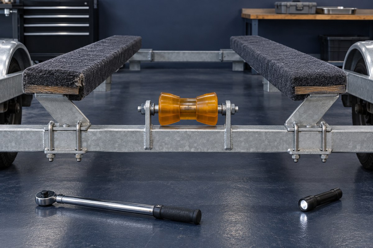 Empty galvanized boat trailer with carpeted bunk boards and an orange keel roller, a torque wrench and flashlight on the shop floor.