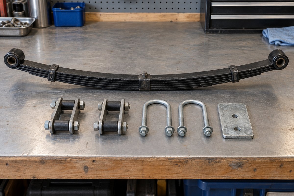 Trailer leaf-spring pack on a steel workbench above two shackle assemblies, two U-bolts with nuts, and a galvanized tie plate.