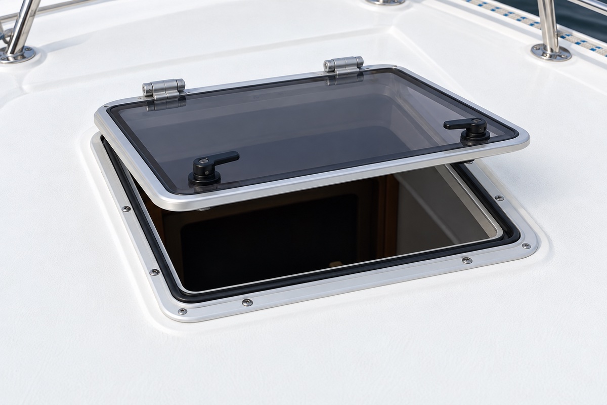 Tinted acrylic deck hatch propped partly open on a white deck, showing its aluminum frame, black perimeter gasket, hinges, and two latch handles.