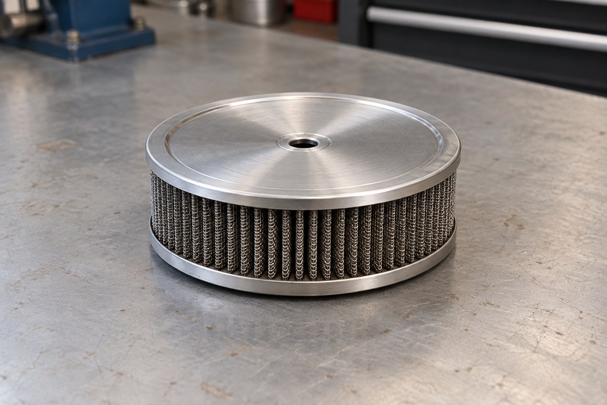 Round marine flame arrestor with a brushed-metal cover and a pleated wire-mesh element on a steel workbench.