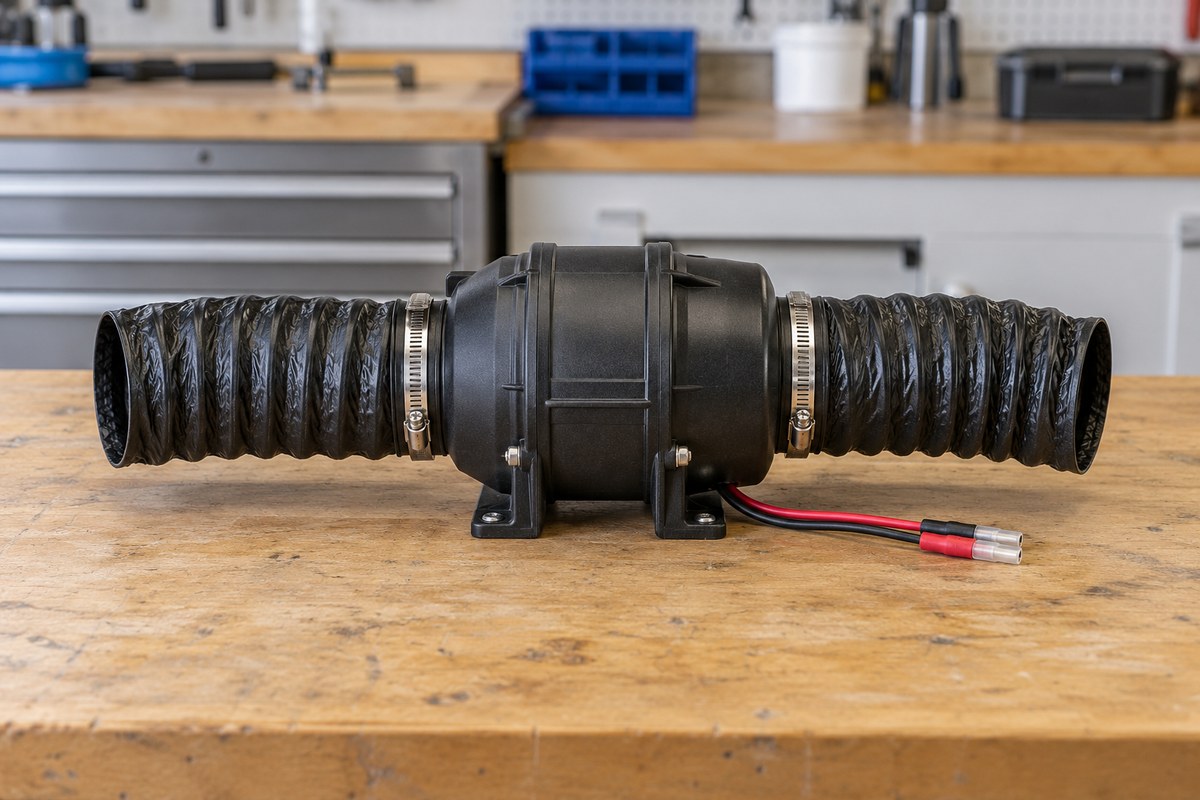 Black inline bilge blower with flexible ducting clamped to both ends and red and black power leads, on a wooden workbench.
