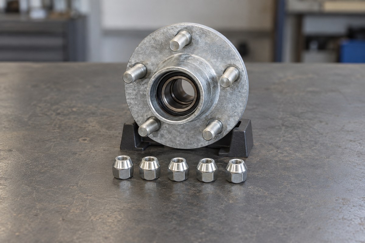 Galvanized trailer hub with five wheel studs standing on a workbench, with five cone-seat lug nuts lined up in front.