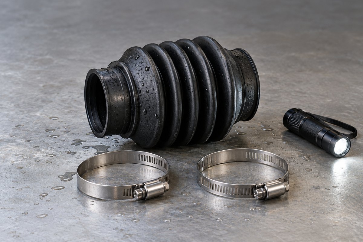 Black rubber sterndrive bellows beaded with water beside two stainless hose clamps and a lit flashlight.