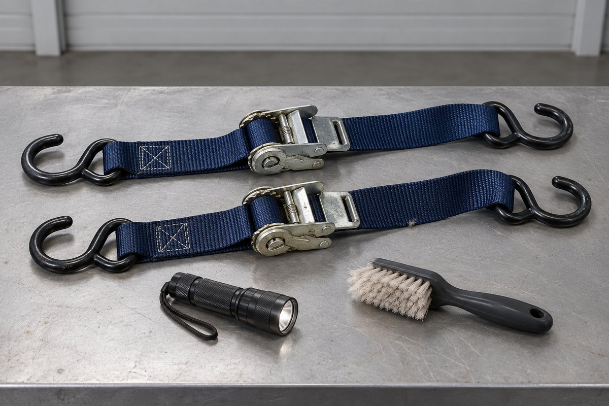 Two navy ratchet tie-down straps with vinyl-coated S-hooks on a steel workbench beside a flashlight and a scrub brush.