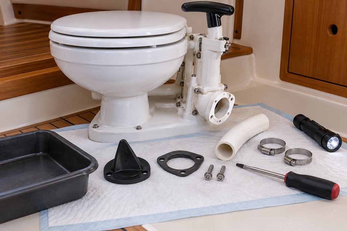 Manual marine toilet with its discharge elbow removed, a black joker valve, gasket, screws, white sanitation hose, and hose clamps laid out on an absorbent pad beside a catch pan.
