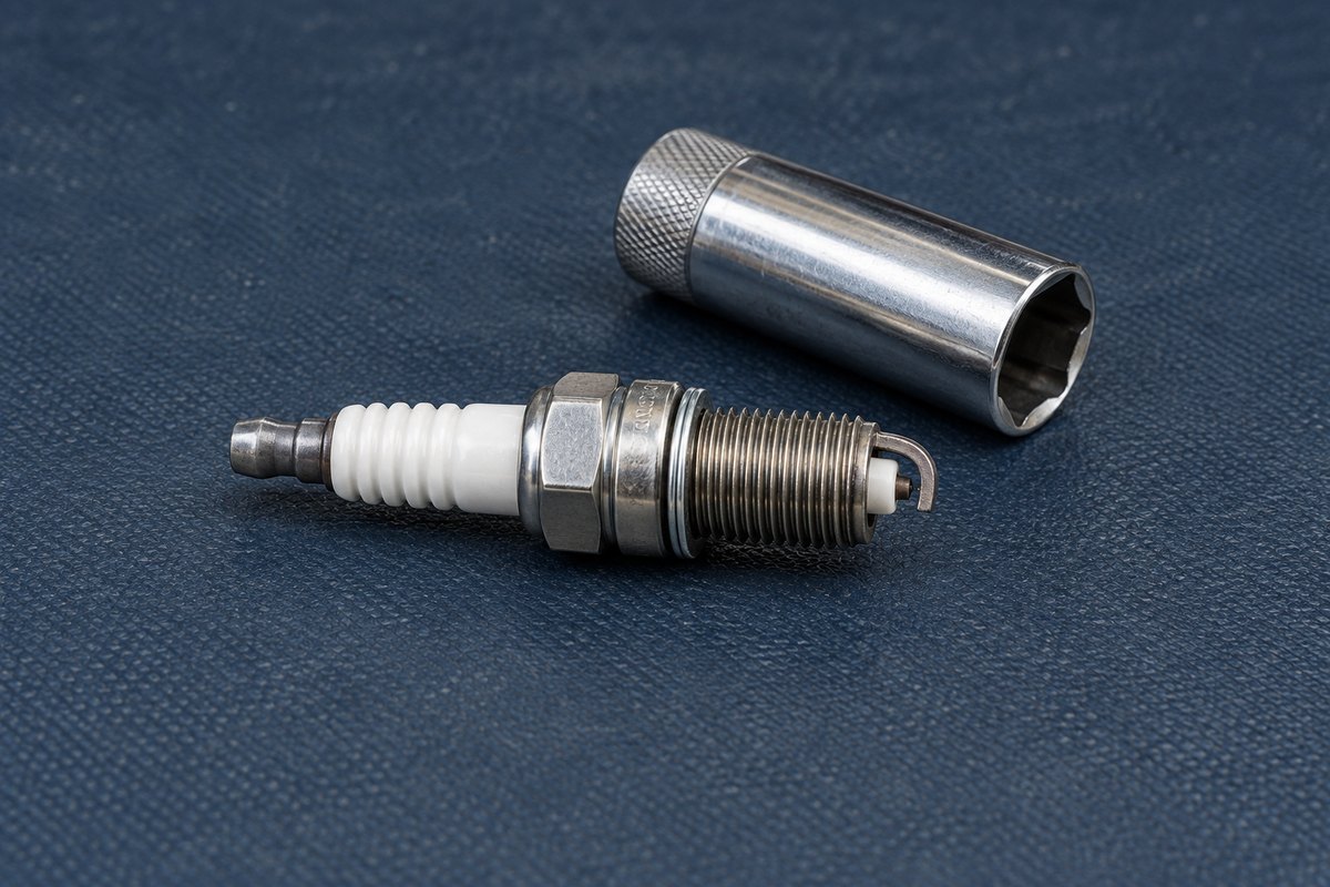 A spark plug with a white ceramic insulator and J-shaped ground electrode beside a chrome spark plug socket on a navy textured mat.
