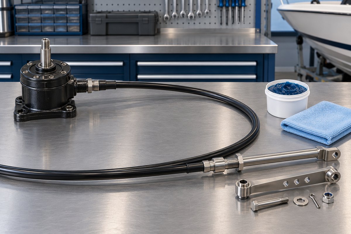 A black rotary steering helm connected to a push-pull steering cable with a stainless output ram, plus a link arm, bolt, washer, cotter pin, and locknut, a tub of marine grease, and a cloth on a stainless workbench.
