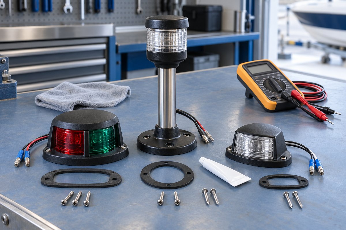 A red-and-green bi-color bow light, an all-round white pole light, and a stern light with gaskets, mounting screws, a tube of sealant, a cloth, and a digital multimeter on a workbench.