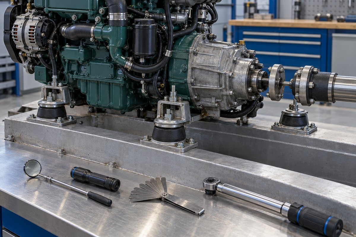 An inboard marine engine and transmission resting on four flexible rubber mounts bolted to steel engine beds, with the shaft coupling visible and an inspection mirror, flashlight, feeler gauges, and torque wrench in the foreground.