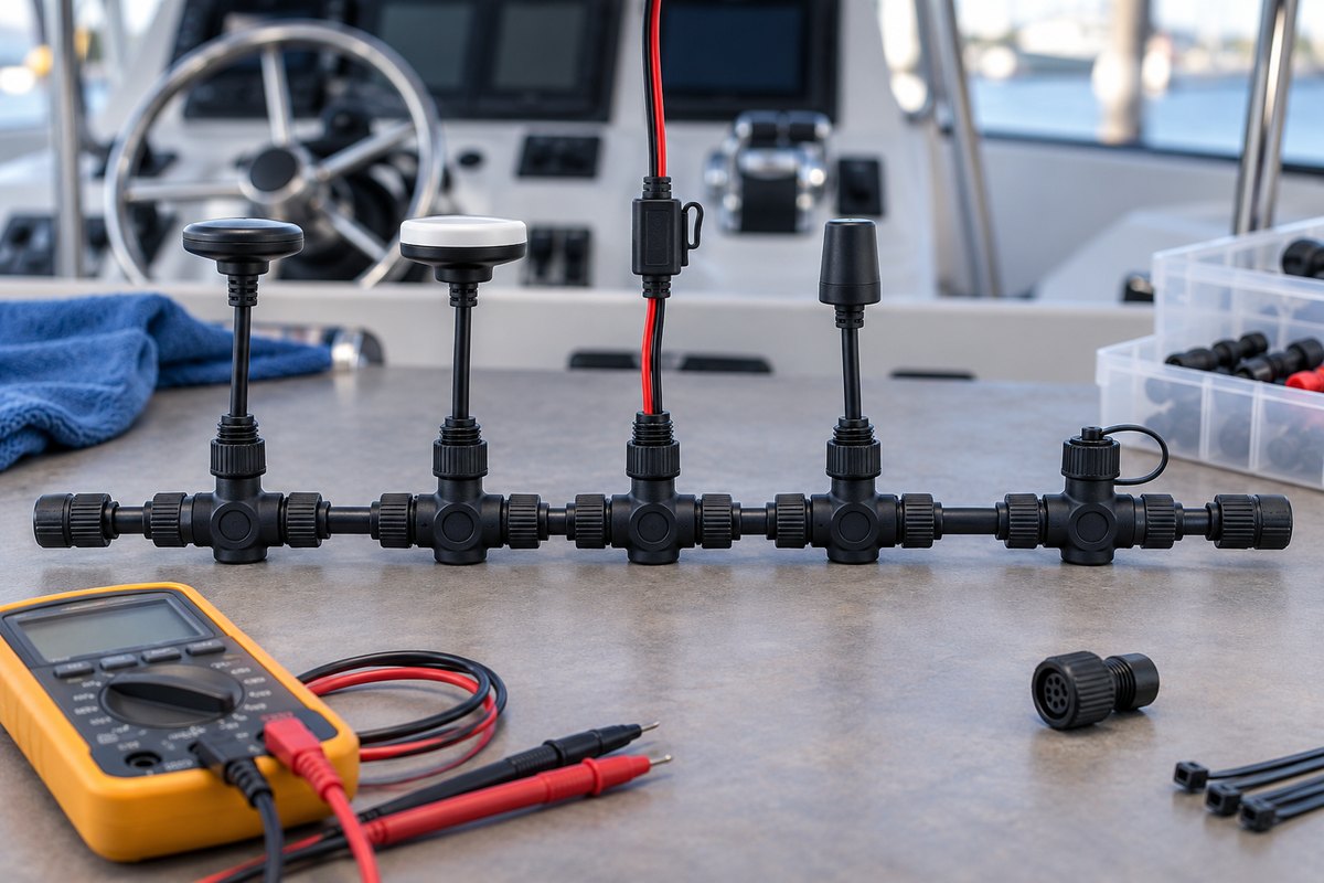 An NMEA 2000 backbone of five black T-connectors with drop cables, a red-and-black power cable, and a capped port, beside a multimeter, a spare connector, and cable ties at a boat helm.