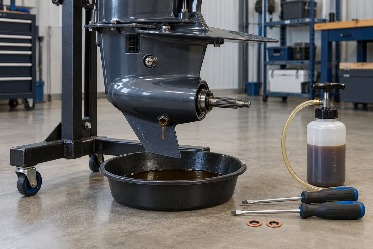 An outboard lower unit on a service stand draining gear lube into a black pan, beside a gear-lube pump bottle, two flat-blade screwdrivers, and new sealing washers.