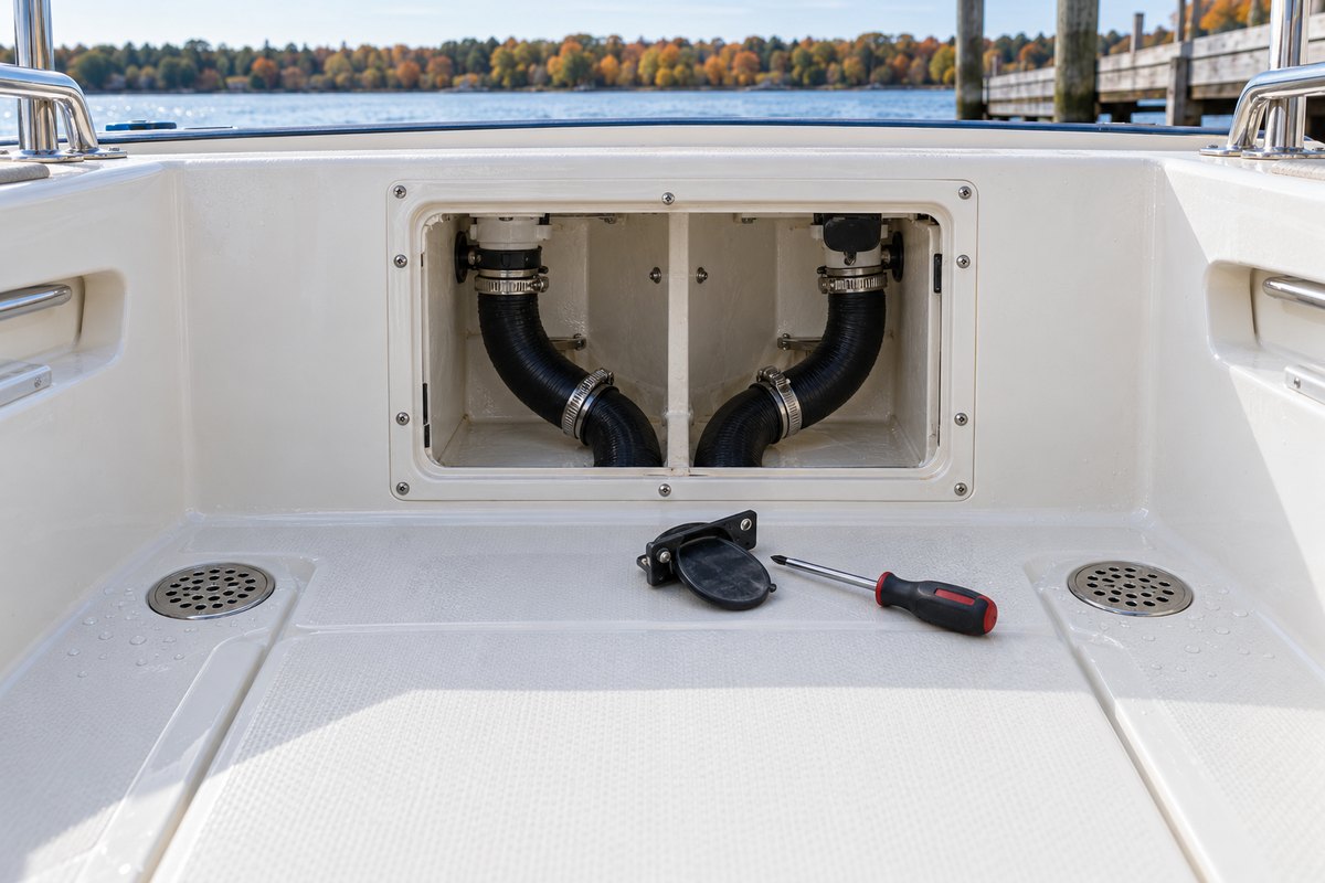 A white fiberglass cockpit with an open access panel showing two black drain hoses with stainless clamps, round floor drain grates, and a removed scupper flap beside a screwdriver.