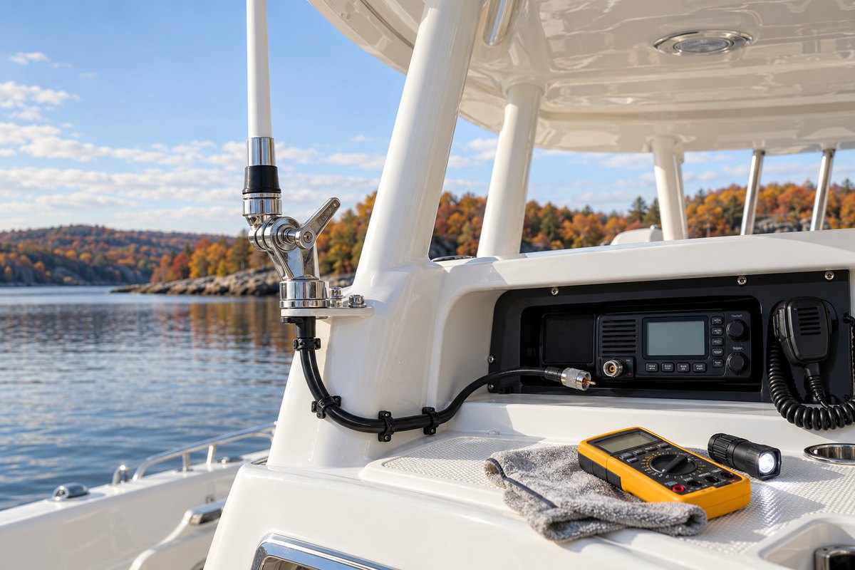 A white fiberglass VHF antenna on a stainless ratchet mount with black coax running to a dash-mounted marine radio, beside a yellow multimeter, flashlight, and gray cloth.
