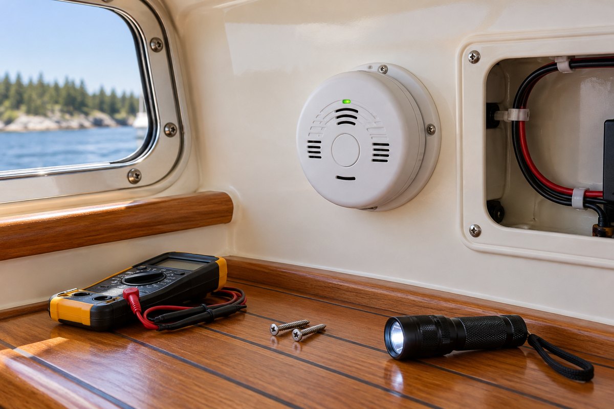 A round white carbon monoxide alarm with a green power light mounted on a cream cabin bulkhead beside an open wiring panel, with a multimeter, screws, and flashlight on teak trim.