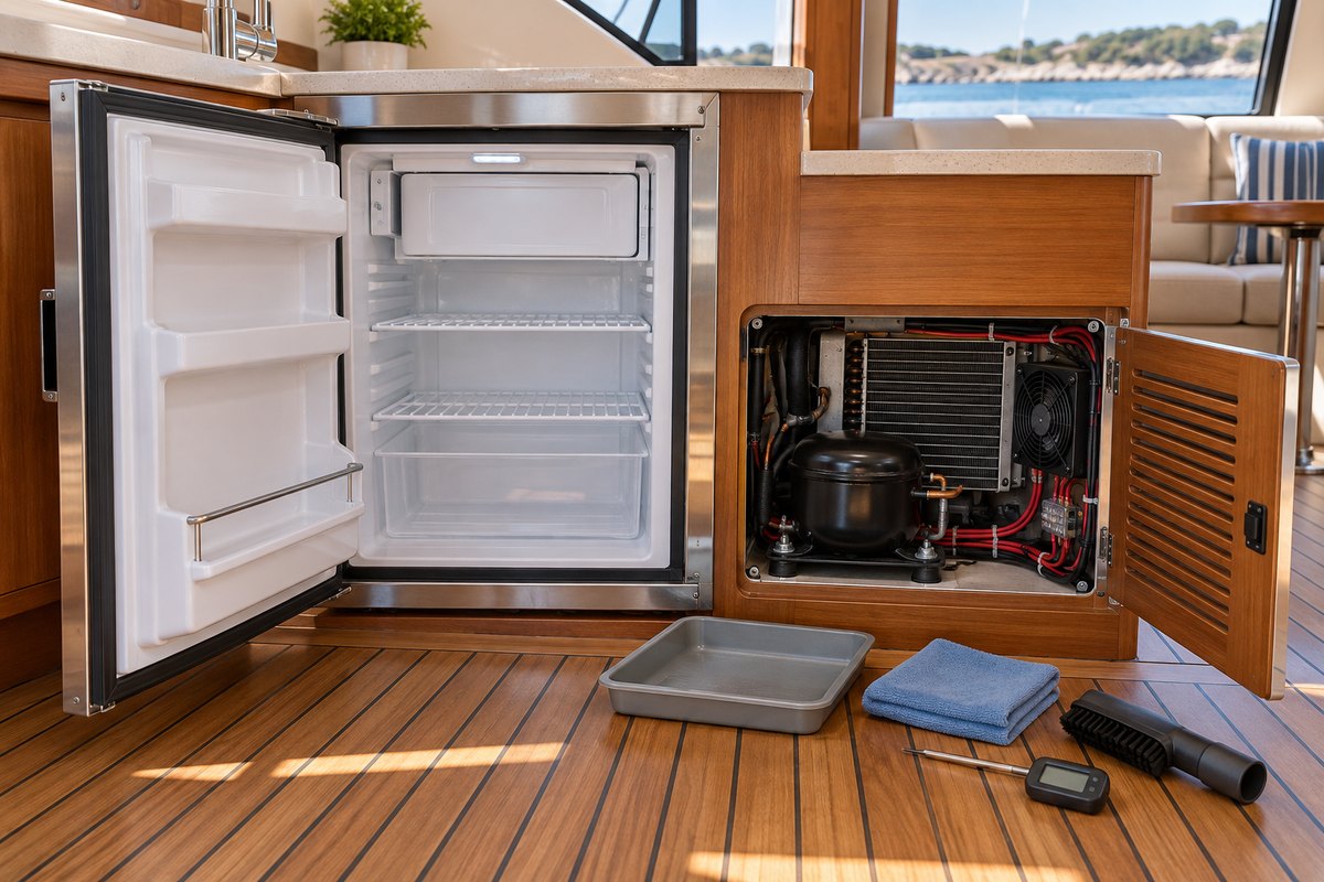 An empty stainless-trimmed marine refrigerator with its door open beside a teak service panel exposing the compressor, condenser, and fan, with a drip tray, blue towel, and brush on the deck.