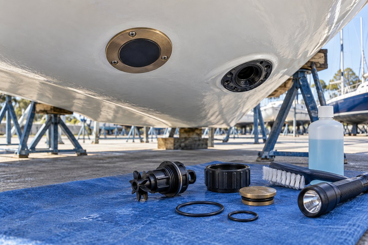 A white hull on blue jack stands with a bronze-ringed transducer and an open through-hull housing above a blue tarp holding a paddlewheel insert, O-rings, a brass blanking plug, a brush, and a flashlight.