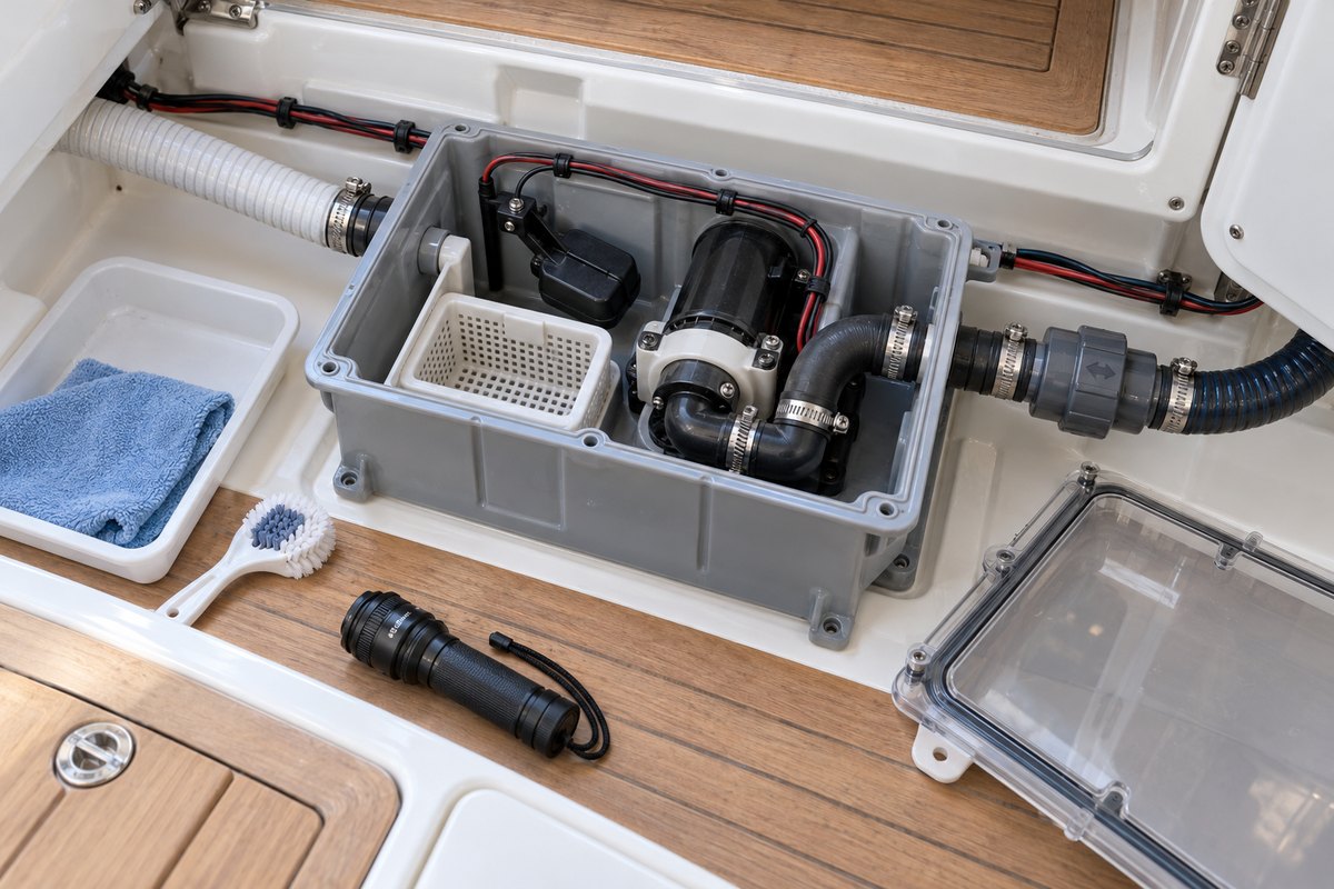 An open gray shower sump box in a boat deck locker with a white strainer basket, black pump, and float switch, beside a clear lid, corrugated hoses, a scrub brush, a blue towel, and a flashlight on teak.