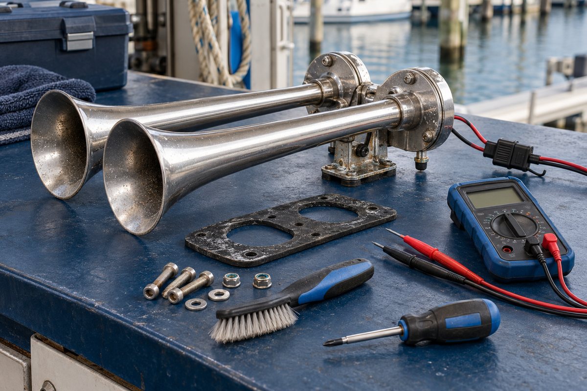 A dual-trumpet stainless steel boat horn on a navy workbench at a marina with a mounting gasket, bolts, washers, a brush, a screwdriver, and a blue multimeter with red and black test leads.