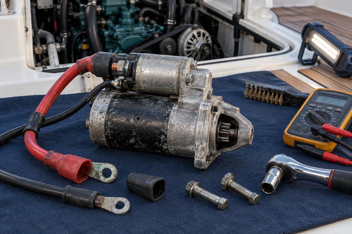 A weathered marine starter motor with solenoid on a navy mat beside red and black battery cables, a terminal boot, bolts, a wire brush, a ratchet, a yellow multimeter, and an open engine bay behind.