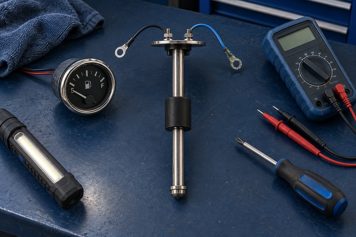 A stainless vertical fuel-level sender with a black float and two ring-terminal leads beside a round fuel gauge, blue multimeter, screwdriver, and work light on a navy workbench.