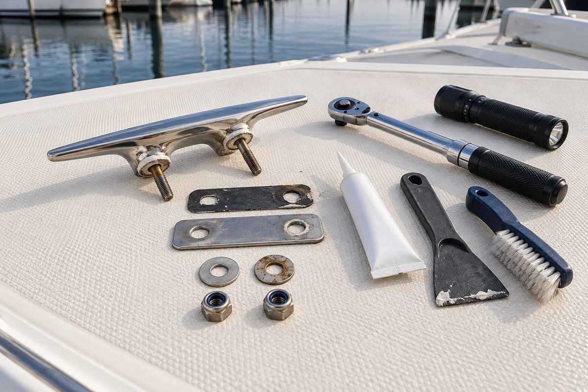 A polished stainless horn cleat with protruding studs beside corroded backing plates, washers, nylon lock nuts, a sealant tube, scraper, brush, torque wrench, and flashlight on a white boat deck.