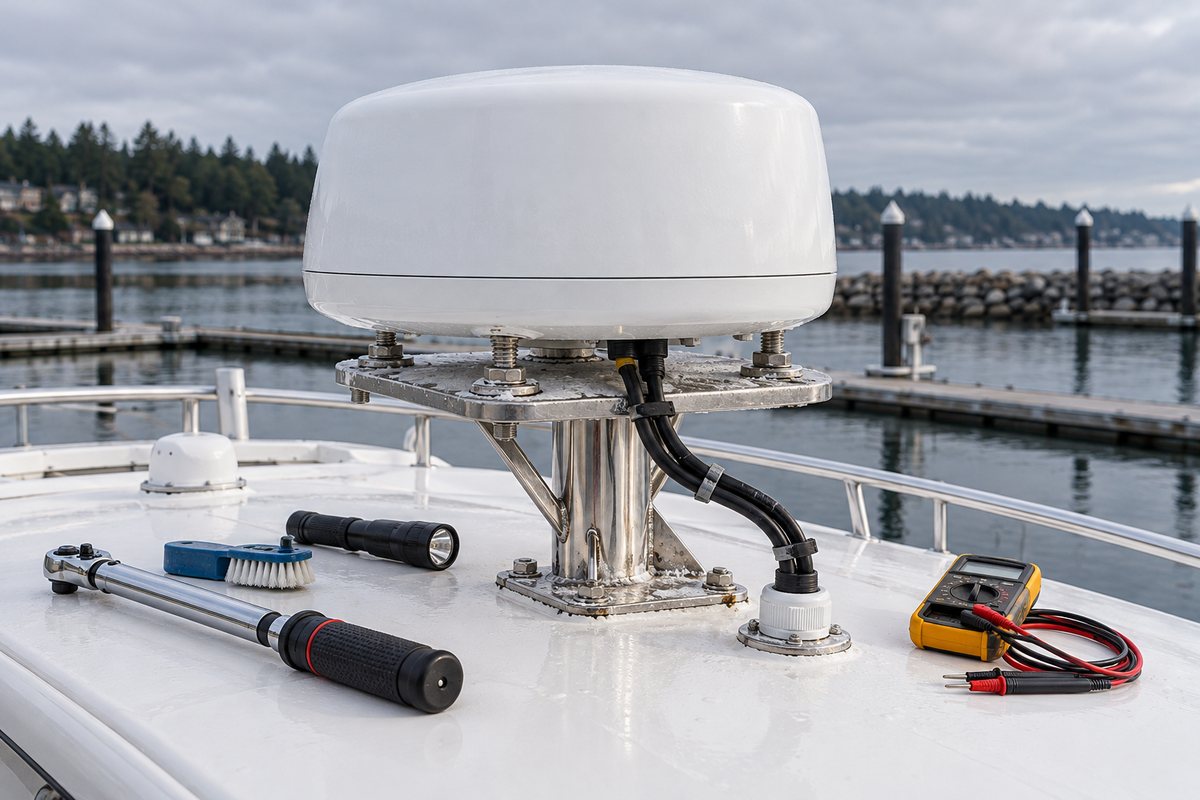 A white radar radome on a stainless pedestal mount with black cables entering a deck gland, beside a torque wrench, flashlight, brush, and multimeter on a boat hardtop at a marina.