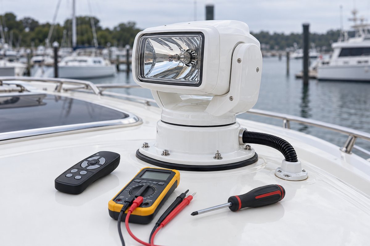 A white remote-control pan-and-tilt spotlight on a gasketed base with a black cable conduit on a white cabin top, beside a wireless remote, yellow multimeter, and screwdriver, with a marina in the background.