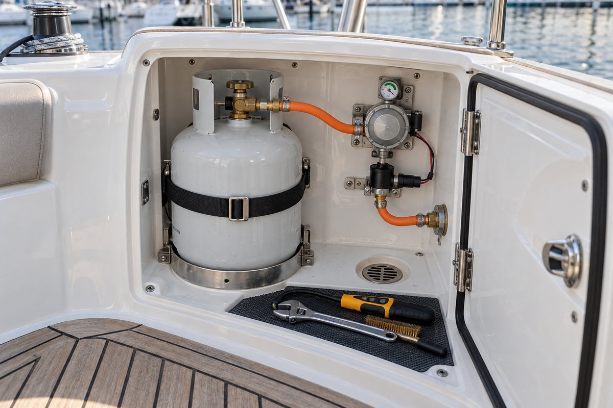 A white propane cylinder strapped in an open cockpit gas locker with a brass valve, regulator, gauge, solenoid, and orange hoses above a drain, beside a wrench, wire brush, and gas detector at a marina.
