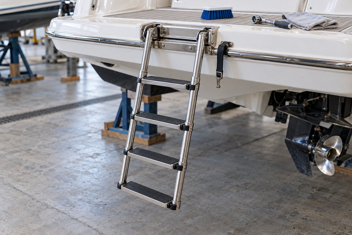A stainless telescoping boarding ladder with black treads deployed below a white swim platform with a retention strap, with a scrub brush, socket driver, and gray towel on deck, on a boat on stands in a shed.