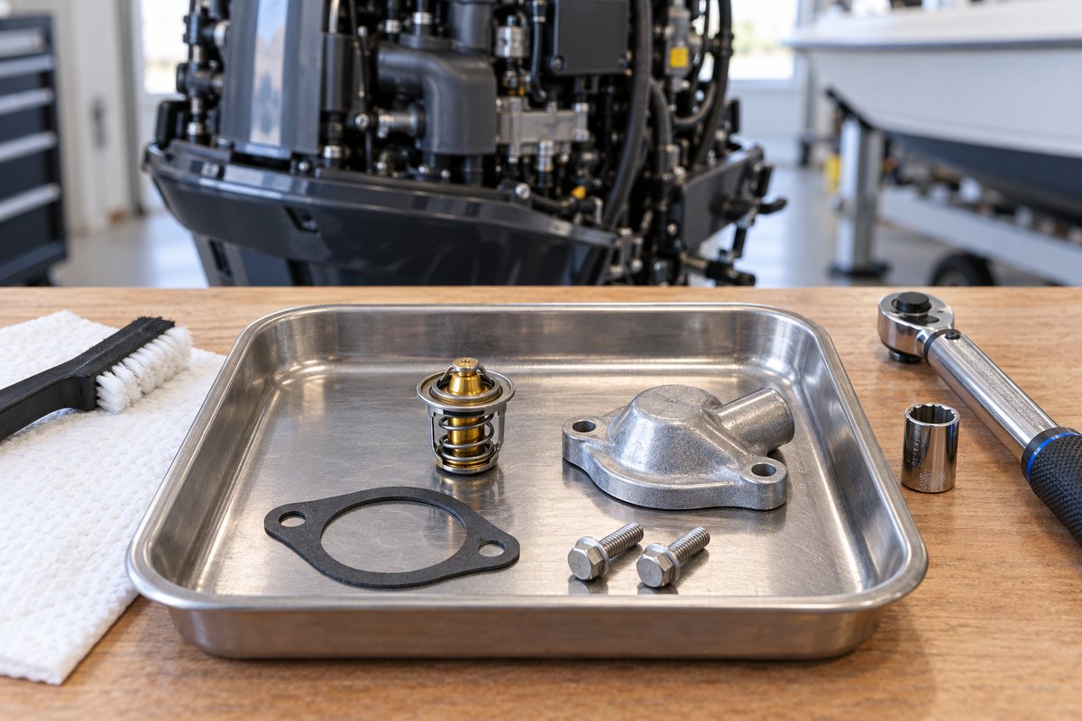An outboard thermostat with a brass element, its aluminum cover, a black gasket, and two bolts in a stainless parts tray, beside a brush, shop towel, socket, and torque wrench in front of an uncowled outboard.