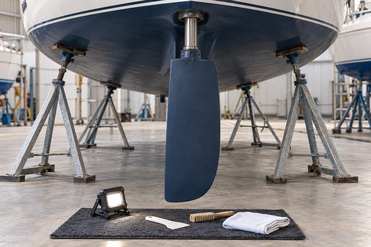 A navy blue spade rudder on a stainless rudder stock beneath a hauled-out sailboat on jack stands in a boatyard shed, with an LED work light, plastic scraper, brush, and white towel on a black mat.