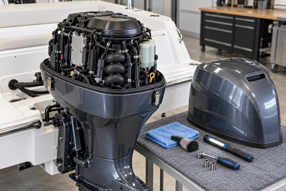 A gray outboard with its top cowling removed to expose the black powerhead, the cowling resting on a gray mat beside a blue microfiber towel, brush, flashlight, and ratchet with sockets in a workshop.