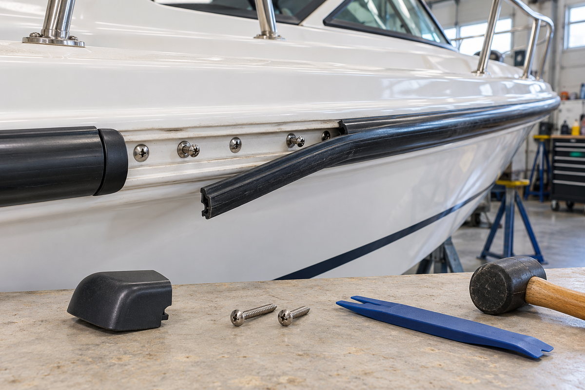 A black rub-rail insert pulled away from its white base on a boat hull, exposing stainless screws, with an end cap, loose screws, a blue trim pry tool, and a rubber mallet on a bench in a boat shop.