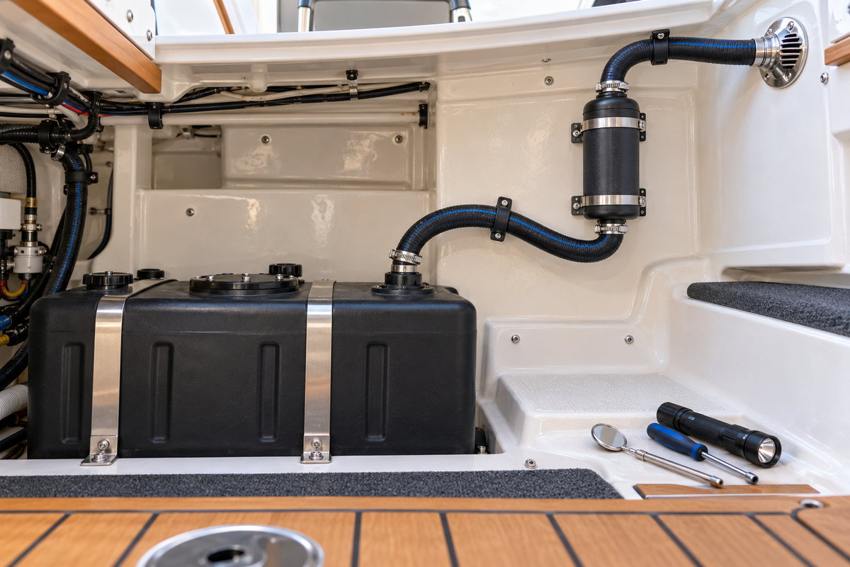 A black holding tank with stainless straps and a blue-striped vent hose leading to an inline carbon filter and through-hull vent, beside an inspection mirror, screwdriver, and flashlight.