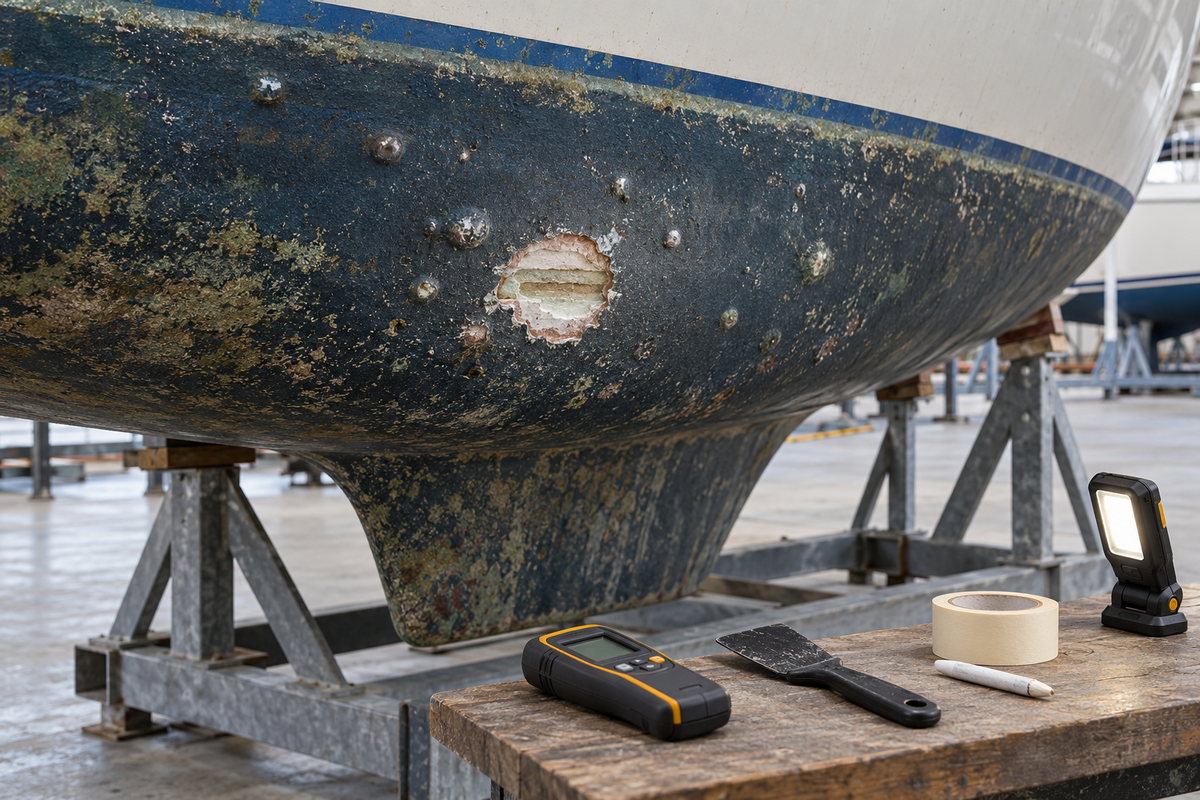 A dark blue keelboat hull dotted with blisters and one opened patch exposing laminate, above a wooden bench with a moisture meter, scraper, masking tape, marking crayon, and work light in a boatyard shed.