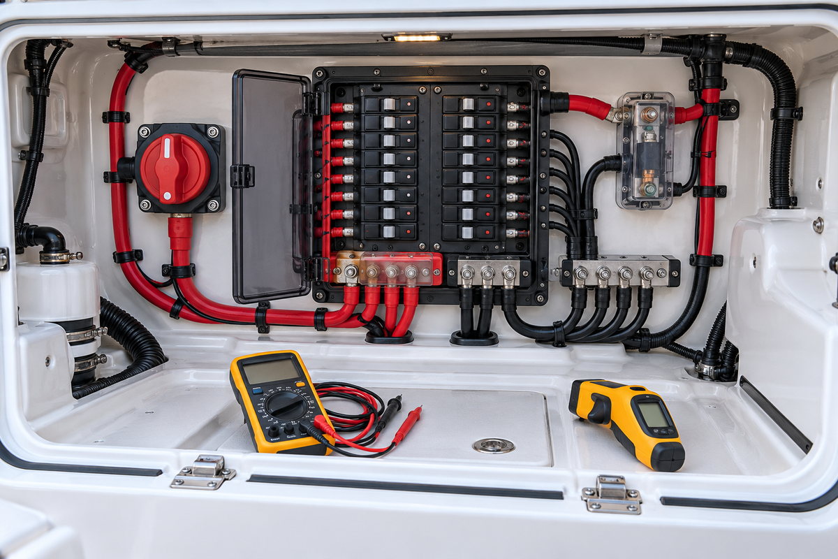 A black marine DC breaker panel with its clear cover open, red and black cables, a red battery switch, a fuse holder, and bus bars in a white locker, with a yellow multimeter and infrared thermometer in front.