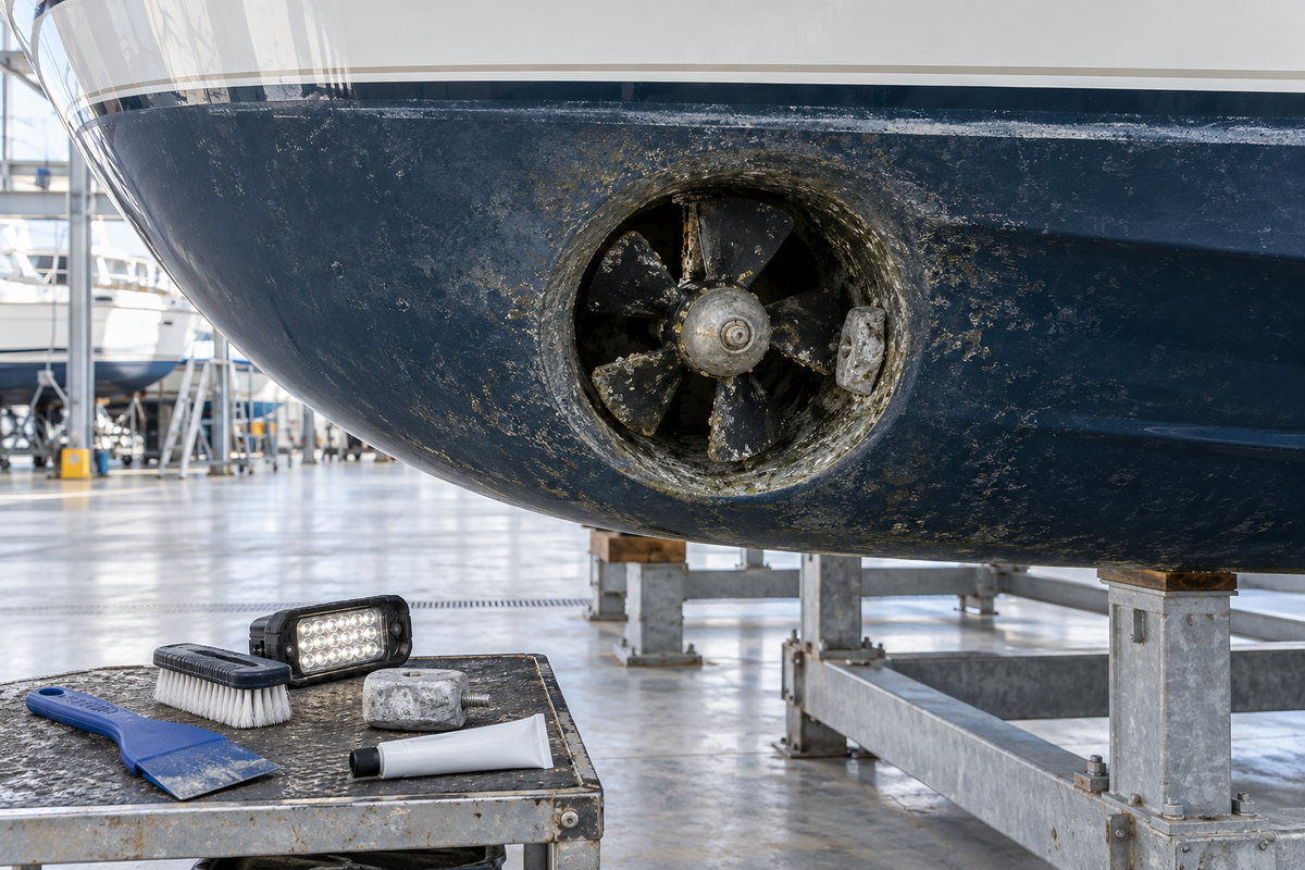 A fouled bow thruster tunnel with a black five-blade propeller and worn anode on a navy hull blocked in a boatyard shed, beside a plastic scraper, brush, LED work light, new anode, and grease tube on a stand.