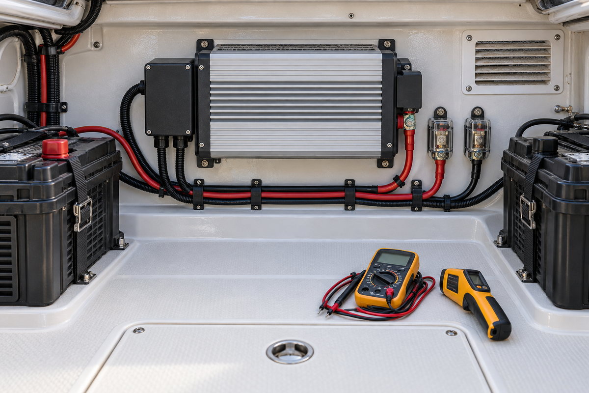A finned aluminum marine battery charger with red and black cables and inline fuses mounted between two black batteries, with a multimeter and infrared thermometer on the white floor of a battery compartment.