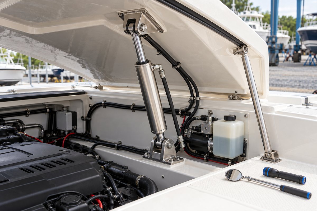 A raised white engine hatch held by a stainless hydraulic lift cylinder and support strut, with a pump and fluid reservoir mounted beside the engine, and an inspection mirror and screwdriver at a boatyard.