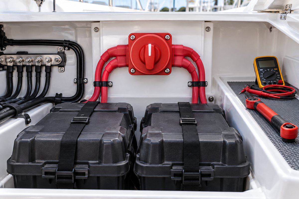 A red rotary battery switch with heavy red cables mounted above two strapped black battery boxes, beside a busbar with black cables, a multimeter with test leads, and a red torque wrench in a boat compartment.