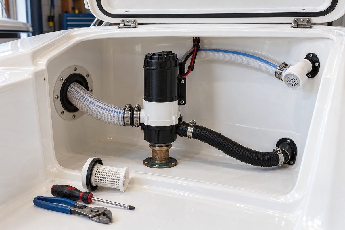 An open white livewell with a black and white pump on a bronze through-hull, clear and black hoses, and a spray head, beside a removed strainer basket, screwdriver, and pliers on the deck in a boat workshop.