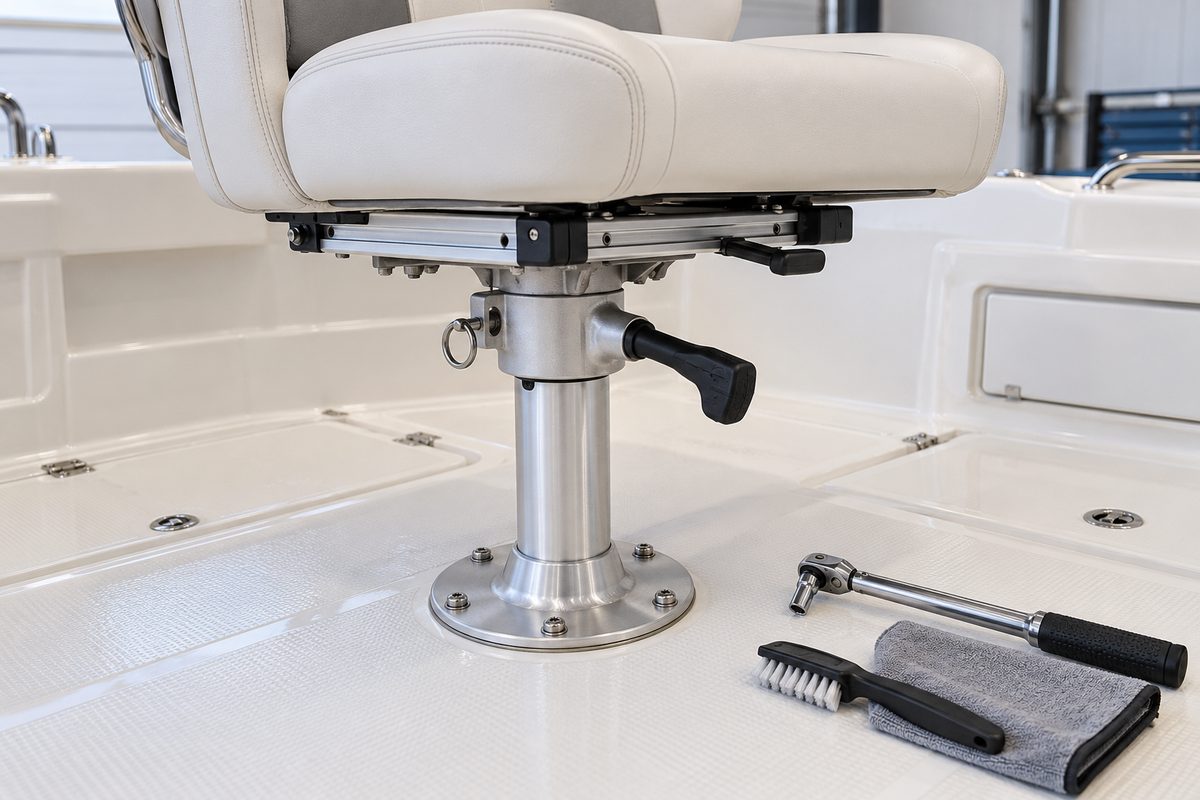 A white helm seat on an aluminum pedestal post with a swivel lock lever, pull pin, and fore-aft slide bolted to a deck base, beside a socket wrench, brush, and gray microfiber towel on a white deck.