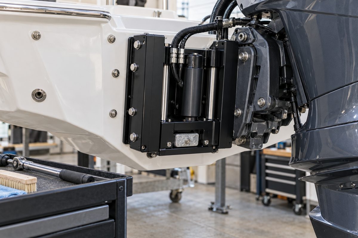A black powered jack plate with stainless guide rods, a central actuator, and a zinc anode mounting a gray outboard to a white transom, beside a torque wrench, brush, and blue cloth on a tool cart in a shop.