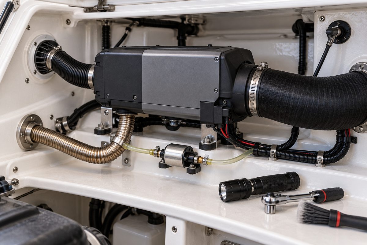A black and gray marine diesel air heater with a ribbed black hot-air duct, stainless exhaust pipe, small inline fuel pump, and wiring loom in a white locker, beside a flashlight, ratchet, and brush.