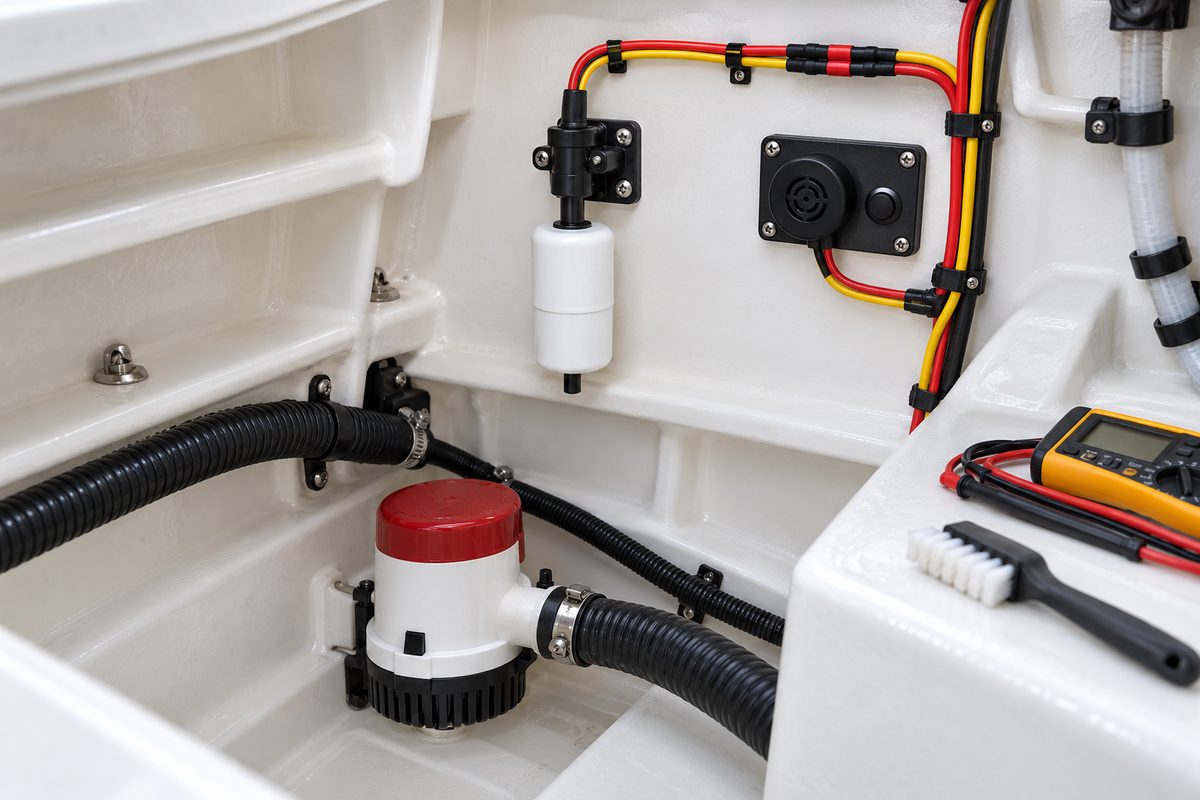 A white float-style high-water sensor and black alarm buzzer panel with red and yellow wiring mounted above a red-capped bilge pump and black hoses, beside a multimeter and brush in a clean white bilge.